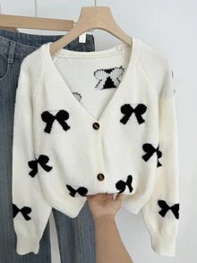 SHEIN 少女蝴蝶结开衫 V 领长袖蝴蝶结针织开衫，休闲日常穿着，冬装圣诞毛衣，春节返校季儿童开衫，蝴蝶结可爱