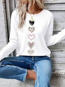 EMERY ROSE 女士休闲圆领落肩长袖心形印花 T 恤，秋季图案 T 恤女士春季上衣