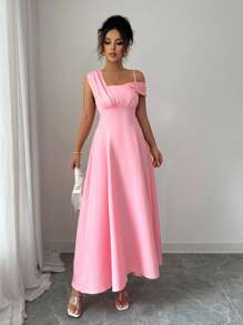 Elenzga Women's New Elegant Asymmetric Asymmetrical Spaghetti Strap Slim Fit High-End Oblique Shoulder Waist Cinched Evening Party Dress - Pink - View 4