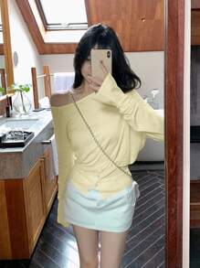 SHEIN LUNE New Casual Slouchy Asymmetrical Shoulder Long Sleeve T-Shirt Fall Cloth For Women - Yellow - View 6