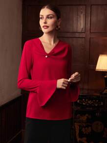 ZEYLAH Asymmetric Decor Button Long Sleeve Elegant Blouse, Autumn/Winter - Red - View 4