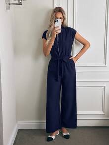 Louniche Casual Minimalist Cinched Waist Women Romper, Summer - Blue - View 1