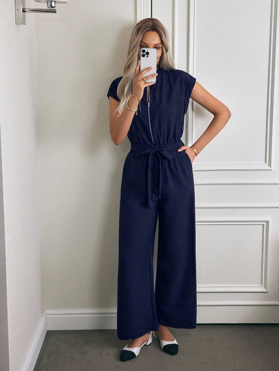 Louniche Casual Minimalist Cinched Waist Women Romper, Summer - Blue - View 1