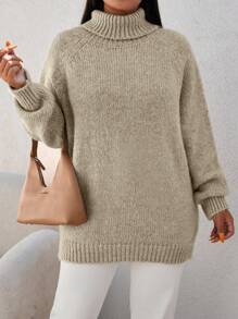 EURMUSE Plus Turtleneck Raglan Sleeve Sweater - Beige - View 6
