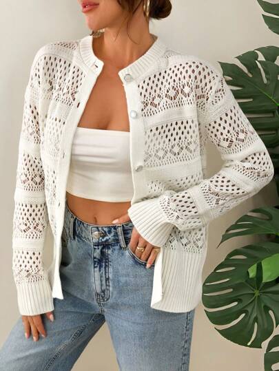 EURMUSE Dames gehaakt voorpand met knoopsluiting en verlaagde schouder