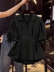 Flirla Plus Size Women Casual Solid Color Pleated Waist Top