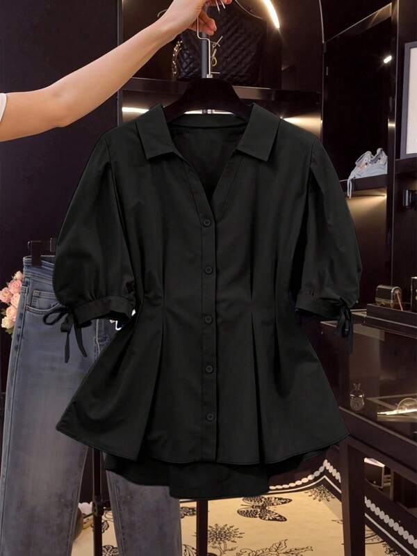 Flirla Plus Size Women Casual Solid Color Pleated Waist Top