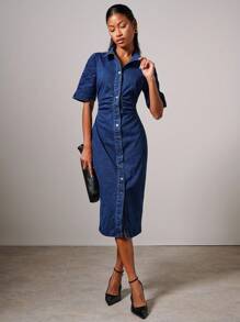 COSMINA 女士时尚通勤褶饰合身前扣牛仔连衣裙教师装；外出装 - 深色水洗藍 - 查看 6