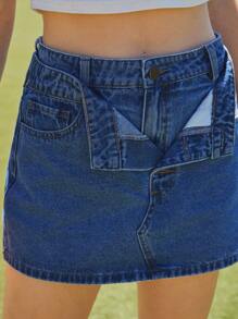 WESTFADE Double Layer Foldover Waist 91% Cotton Denim Mini Skirt Back To School Cute Fall - Medium Wash - View 2