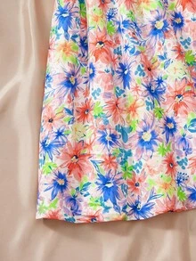 SHEIN Vestido con diseño de lazo sin espalda, mangas de casquillo y cintura ceñida con estampado floral para niñas preadolescentes - Naranja - Ver 4