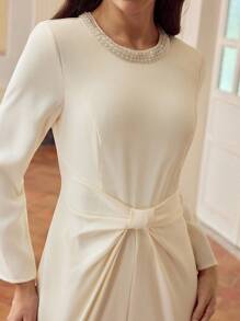 ZEYLAH FAUX PEARL AND BEADED DETAIL RUCHED WAIST MIDI DRESS - Apricot - View 3