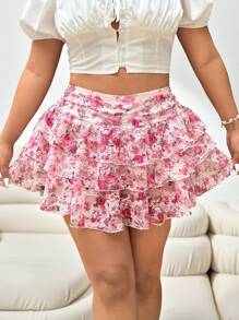 Solflare 大码碎花蕾丝荷叶边下摆休闲优雅度假工作/办公室粉色半身裙