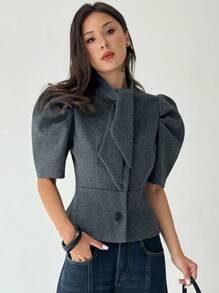 Aloruh 女士灰色短款泡泡袖单排扣蝴蝶结领时尚外套，秋冬季女士西装外套，深灰色宽肩围巾短款外套，优雅秋冬外套，适合所有女性，秋季，女士，秋冬，女士，冬季，女士，冬季外套，女士返校节，学校，教师，女士外套，时尚秋季 - 灰色 - 查看 7