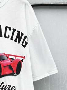 SHEIN Teens Boys' Casual White Summer Streetwear Racing Print Pattern Comfortable Round Neck Short Sleeve T-Shirt,Suitable For School Everyday Sports - White - View 5