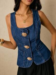 Poéselle 女士夏季时尚大花朵纽扣装饰方领收腰牛仔吊带背心