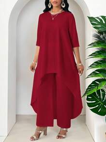 SHEIN Lady Conjunto de 2 piezas de talla grande con top con parte delantera corta y parte trasera larga, y pantalón de pierna ancha, elegante