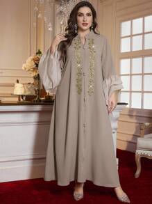 Al Najma Jubah Panjang Mewah Elegan Minimalis Berlengan Lentera Renda Kustom Ukuran Plus, Kaftan Sopan - Khaki - View 3