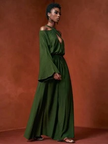 Zivah 2025新款秋季秋夏日常约会通勤商务淑女优雅沙滩邮轮派对简约网红爆款生日派对高端派对交叉领露肩露胸荷叶边长袖喇叭袖宽松上衣+阔腿裤超宽松长裤套装深军绿色女士两件套-A - 軍綠色 - 查看 3