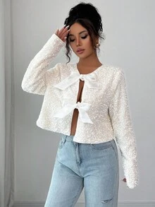 Siren Gaze 2-In-1 Reversible Sequin Jacket, Autumn/Winter New Arrival Tie Front Top Casual Spring - Beige - View 6
