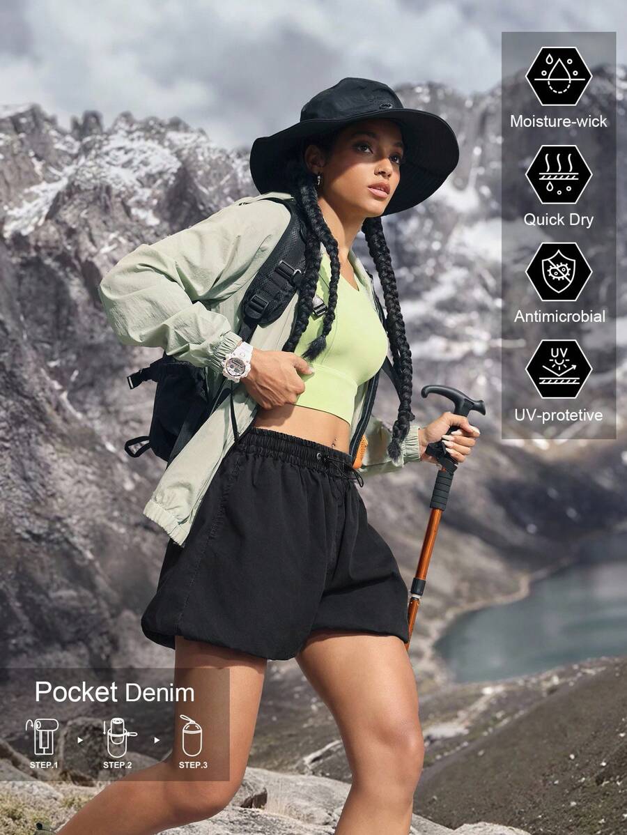 Women's Drawstring Waist Pockets Loose Casual Floral Denim Shorts Outdoor Pants For Hiking Sun Protection Lightweight Quick Dry - Black - View 1