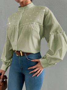 EURMUSE 100%Cotton Women's Elegant Solid Color Stand Collar Lantern Sleeve Shirt With Ruffle Trim, Rhinestone Decoration And Pleats, Spring And Summer - Olive Green - View 4