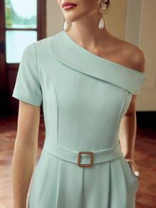 ZEYLAH Women's Solid Color Oblique Shoulder Pleated Design Pocket Wide Leg Elegant Jumpsuit - Green - View 2