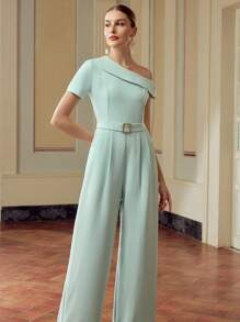 ZEYLAH Women's Solid Color Oblique Shoulder Pleated Design Pocket Wide Leg Elegant Jumpsuit - Green - View 4