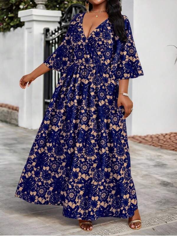 Fleurora Spring And Summer Elegant Commuting Office Colorful Knitted Round Neck Flared Three Quarter Length Sleeve Plus Size Dresses Summer Outfits For Women Summer Dresses For Women Office Outfits For Women Office Dresses