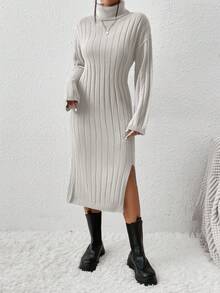 EURMUSE Slit Hem High Neck Drop Shoulder Sweater Dress (belt Not Included) - Beige - View 3