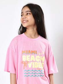 SUMWON Miami Beach Vibes Sommer T-Shirt mit Ozeanwellen Muster, High Rise Weite Bein Hose, Relaxed Fit Urlaubsoutfit für Mädchen, Ferienresort Kleidung - Pink - Übersicht 6
