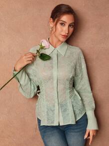 SHEIN Unity Grön Elegant Romantisk Broderad Paljett Halvtransparent Blus Med Justerbar Midja Och Rosett Med Dragsko - Grön - Visa 7