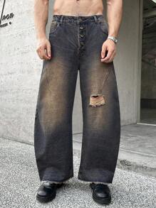 SWAVVY Men's Fashion Woven Pocket Distressed Wide Leg Long Denim Jeans - Dusty Blue - View 1