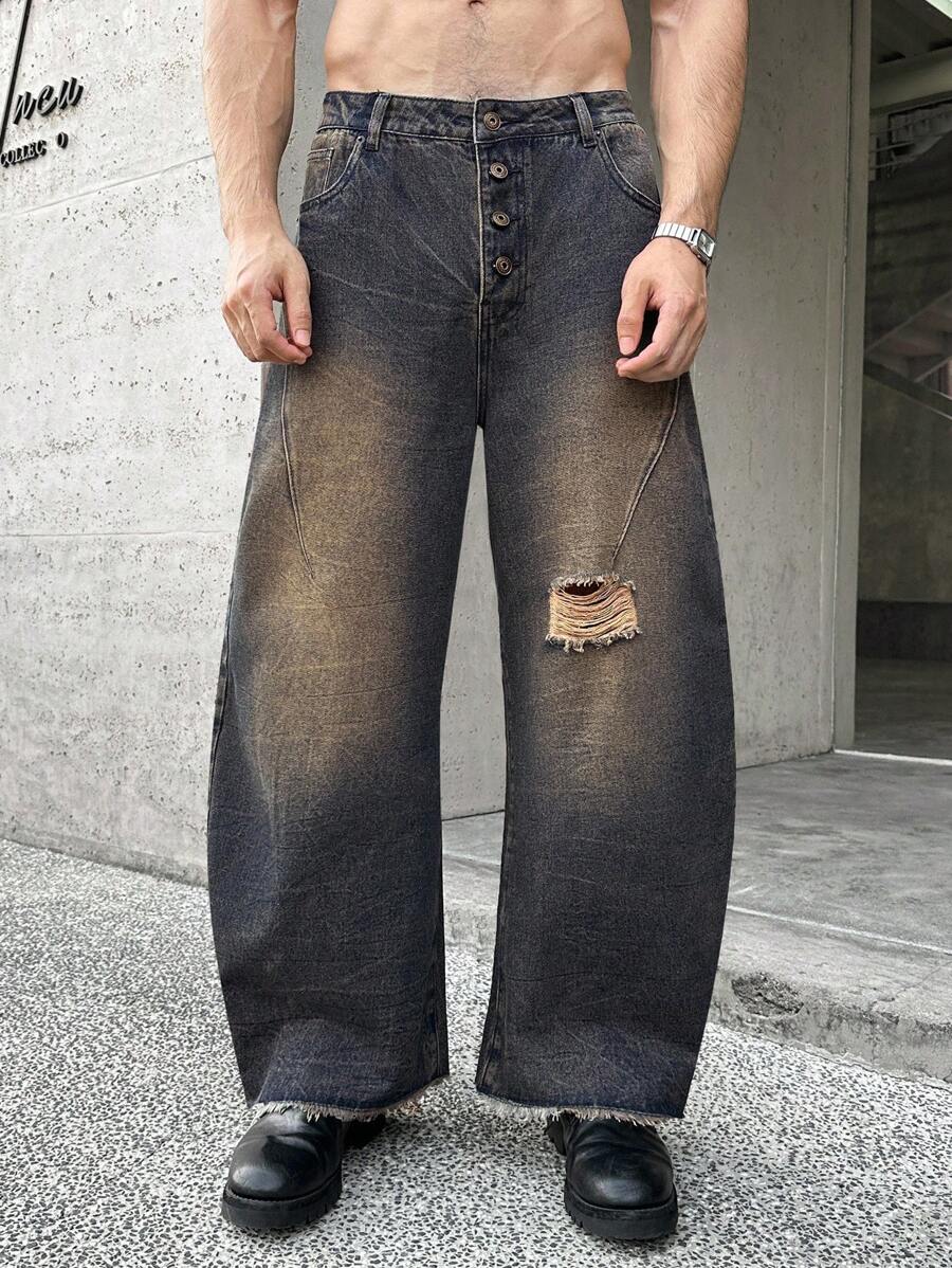 SWAVVY Men's Fashion Woven Pocket Distressed Wide Leg Long Denim Jeans - Dusty Blue - View 1