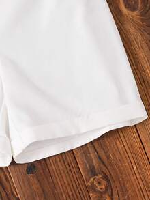 SHEIN 2 件/套平价休闲运动学院风彩色条纹丝带装饰 Polo 领短袖衬衫和卡其色梭织短裤套装，适合日常穿着、运动、郊游、校园、聚会、节日、拍照、返校季、春夏季 - 黃色 - 查看 5