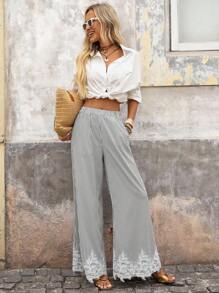 Brillora Women's Striped Wide Leg Palazzo Pants,Black And White Checkered,Summer,Boho,Vacation,Holiday Lace Patchwork Pockets Casual Loose Long Pants - Black - View 7