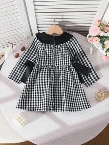 SHEIN Young Girl Contrast Color Peter Pan Collar Detachable Bow Decor Plaid A-Line Dress Fall Winter - Black - View 3