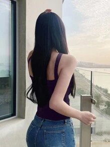 DAZY 女式条纹挂脖紧身针织上衣 - 紫色 - 查看 5