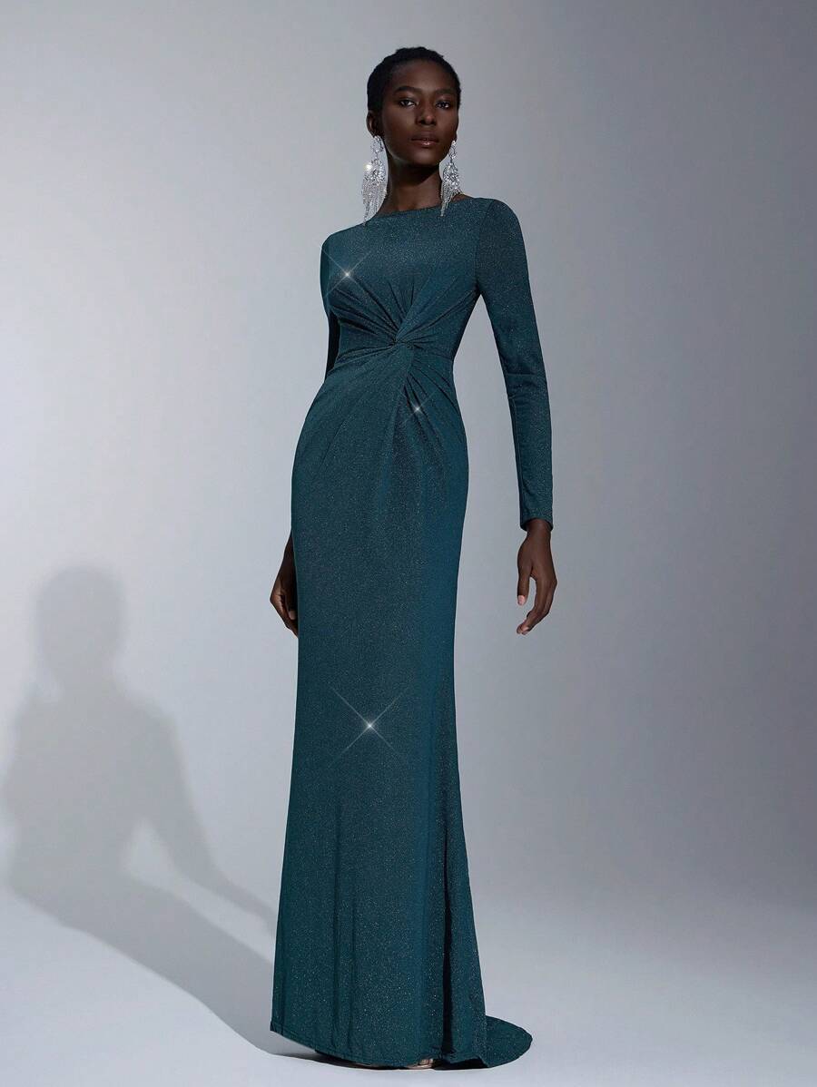 Elitara 扭纹前部闪光伴娘礼服，优雅长袖正式晚会舞会婚礼宾客礼服，适合毕业典礼、晚宴派对礼服 - 綠色 - 查看 1