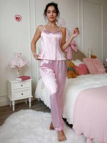 PetitDoll Striped Print Faux Silk Camisole Top And Pants Women Pajama Set Pink Silk Pajamas Set Silk Pajamas Women Women Silk Pajamas Satin Pajamas Set Striped Pajamas Set - Multicolor - View 3