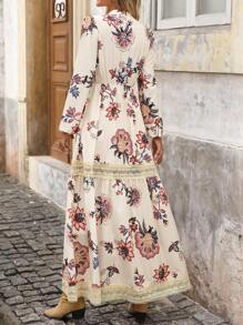 Brillora Váy ren tay đèn lồng họa tiết hoa tương phản dành cho kỳ nghỉ của phụ nữ - Màu be - Xem 4