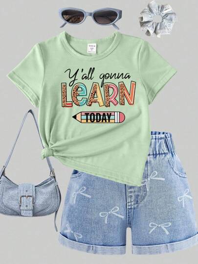 SHEIN 返校可爱铅笔印花图案休闲薄荷绿短袖T恤，适合年轻女孩