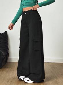 SHEIN Tall 高腰寬腿工裝牛仔褲，附磨損腰帶與口袋，適合高個女性 - 黑色 - 查看 3