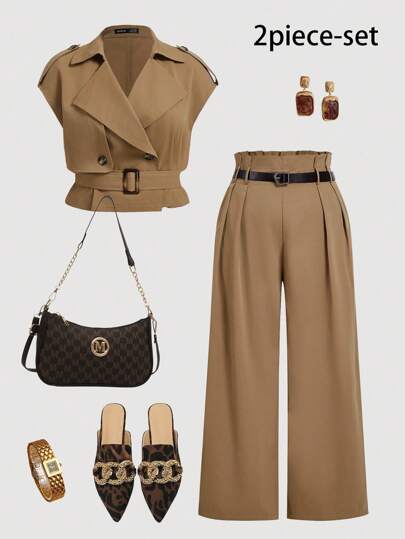 SHEIN MOD Conjunto de dos piezas de chaleco cortavientos sin mangas de lino marrón café elegante y versátil con cinturón y pantalón de pierna ancha de cintura alta, conjunto de dos piezas elegante para mujeres, marrón moca, atuendos de maestra para mujeres en otoño/invierno