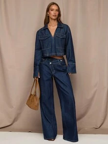 SHEIN BAE Women's Navy Blue Denim Jacket,Autumn Long Sleeve Lapel Elegant Pocket Casual Short Tops,Street Style Everyday Old Money Business Fall Clothes - Dark Wash - View 7