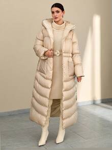 CLARA VERO Women Solid Color Belted And Pocket Detailed Long Winter Coats Women Winter Coats Winter Outfits For Women Women's Winter Coats Beige Puffer Coat Long Puffer Coat Luxury Puffer Coat Women's Beige Outfits - Beige - View 1