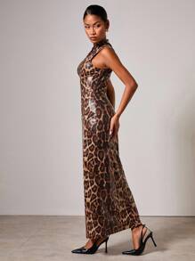 COSMINA 女士优雅豹纹高领连衣裙 - 棕色 - 查看 7