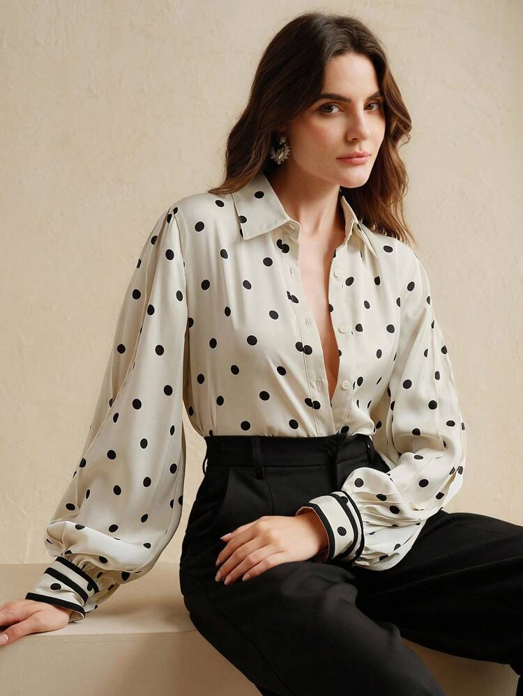 New Autumn Acetate-Like Polka Dot Contrast Color Stand Collar Long Sleeve Bowknot Blouse For Women
