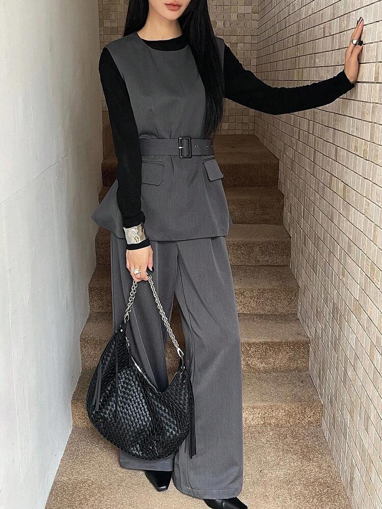 Women's Round Neck Vest And Pants 2 Pieces Set, Spring/Autumn