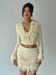 Aloruh 2 件 Y2K 设计性感短款上衣流苏下摆紧身迷你裙和深 V 领长袖针织毛衣套装，秋冬假期 - 杏色 - 查看 7