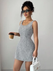 Elenzga New Autumn/Winter French Sparkly Tweed Sleeveless Round Neck Cinched Waist Elegant Dress For Women